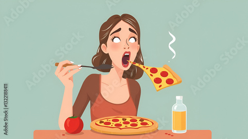 Woman craving for pizza, flat illustration