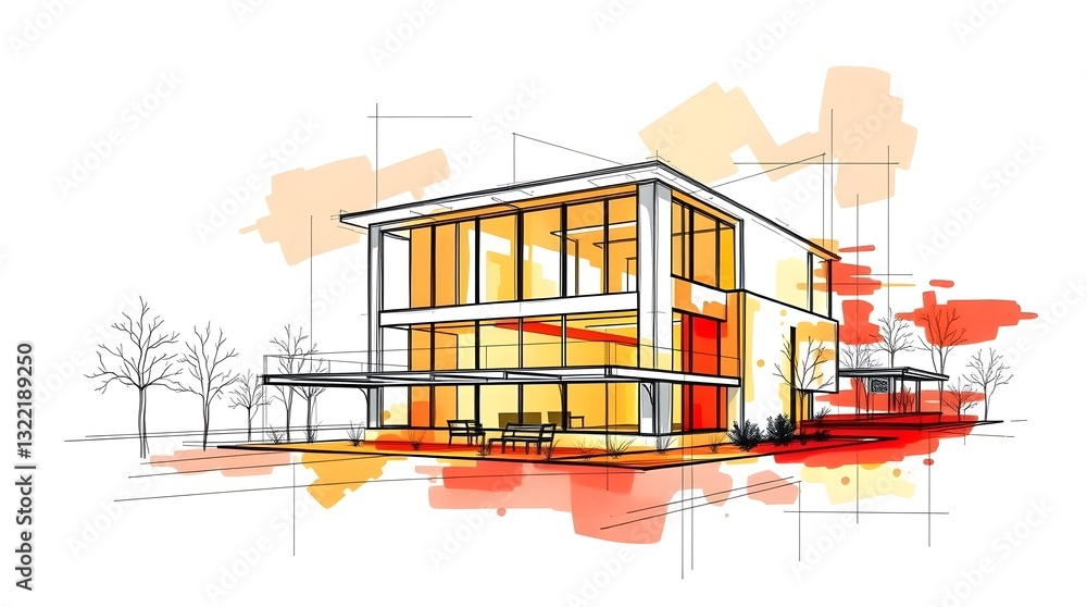 Fototapeta premium modern house design sketch architectural blueprint illustration, space for copy