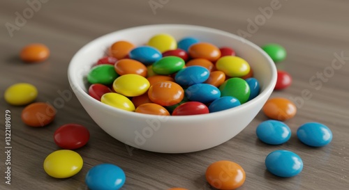 colorful candy coated chocolates, white ceramic bowl, vibrant M&Ms, macro photography, high contrast, studio lighting, dark background, glossy surface, circular shapes, assorted colors, candy photogra