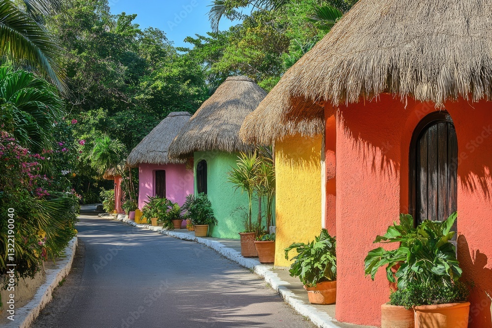 Colorful tropical huts line a paved path amidst lush greenery Colorful tropical huts line a paved path amidst lush greenery