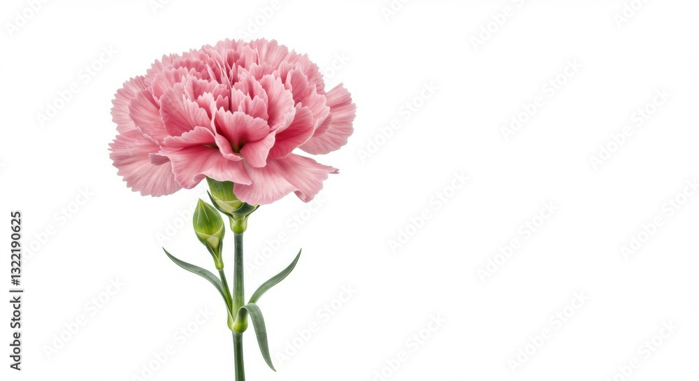 Delicate pink carnation, single stem, textured paper background, botanical illustration, soft lighting, detailed petals, minimalist composition, pale green stem, pastel colors, high-resolution macro, 