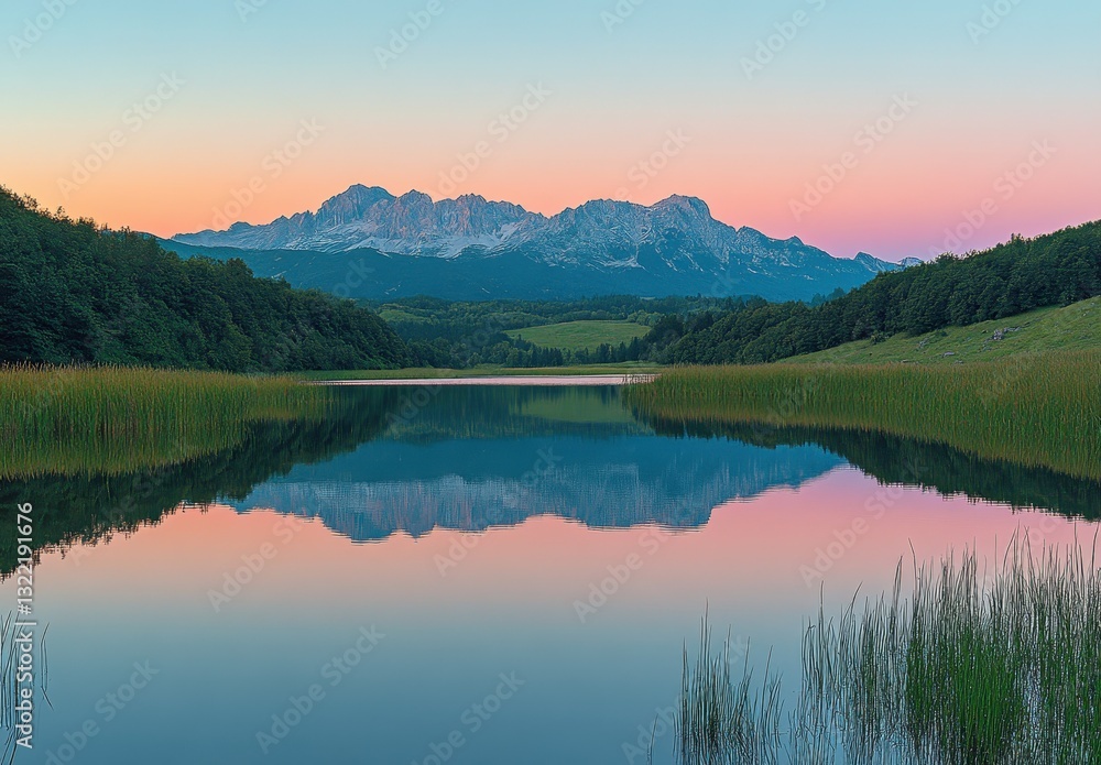 Fototapeta premium Serene Landscape of Mountain Reflection at Dusk Over Calm Lake Surrounded by Lush Greenery and Tall Grass Under a Colorful Sky