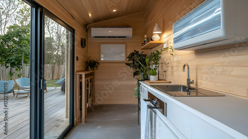 Modern Tiny House Interior With White Kitchen Cabinets Wood Paneling And Sliding Glass Door Leading To Backyard Patio