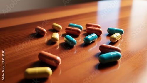 Assorted Pills Scattered On A Wooden Table, Showcasing A Variety Of Medications In Different Shapes And Colors, Representing Healthcare, Treatment, And Pharmaceutical Industry Concepts.

 photo