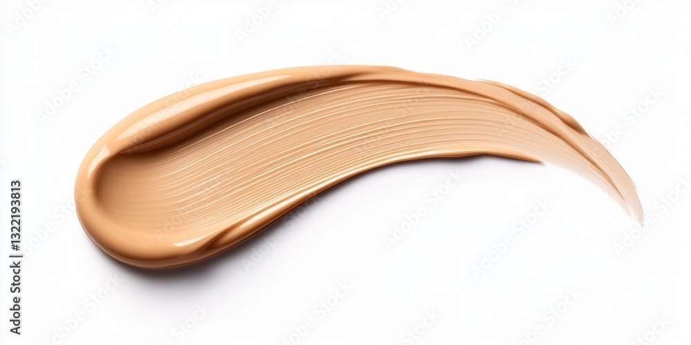 Obraz premium A brush stroke of a foundation is shown on a white background. The brush stroke is long and curved, and it is a creamy color. Concept of elegance and sophistication