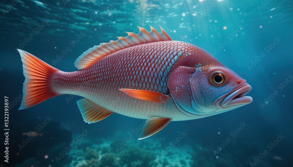 A Vivid Red Snapper Swims In The Ocean Depths A Vivid Red Snapper Swims In The Ocean Depths