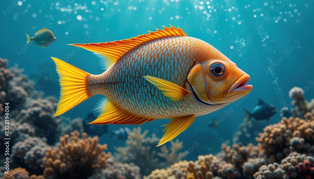 Naklejka premium Vivid Orange Fish Swims Through Coral Reef