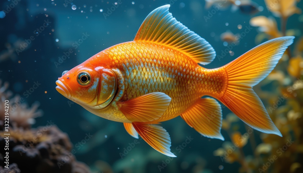 Vibrant Orange Goldfish Swims In Aquatic Environment Vibrant Orange Goldfish Swims In Aquatic Environment