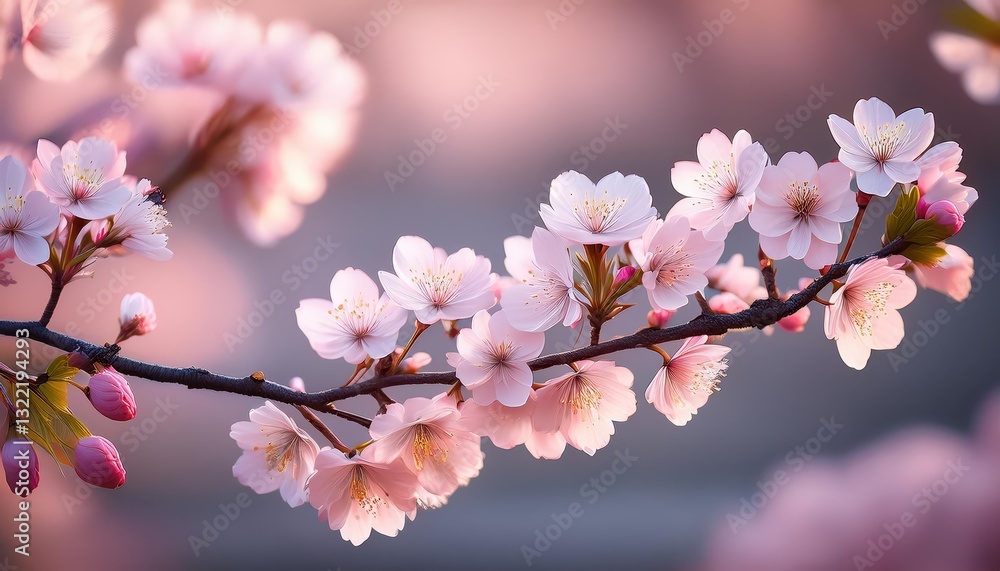 Dramatic Pink Bloom Delicate Cherry Blossom Branch Amidst the Twilight, Showcasing a Glimpse of Tranquility in the Evenings Cool Dusk, Echoing Japanese Serenity and Inspiring Zen Calm. Dramatic Pink Bloom Delicate Cherry Blossom Branch Amidst the Twilight, Showcasing a Glimpse of Tranquility in the Evenings Cool Dusk, Echoing Japanese Serenity and Inspiring Zen Calm.