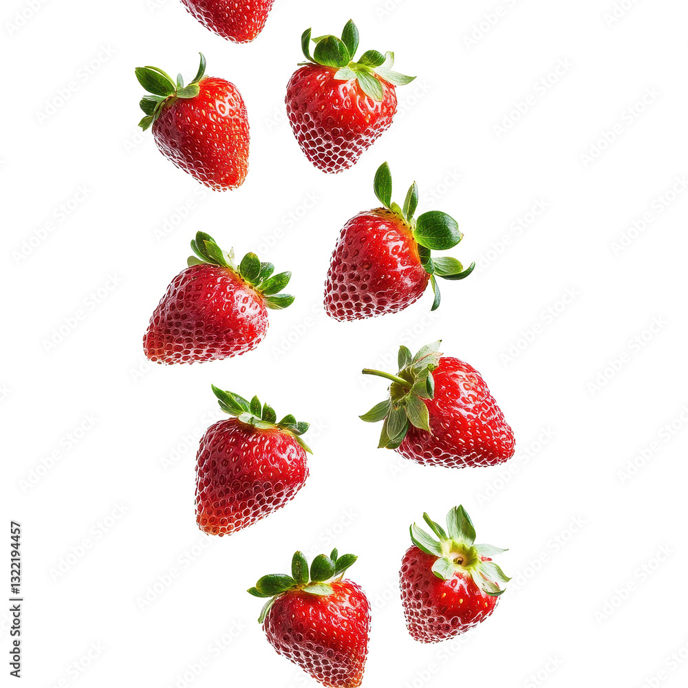Fresh strawberries tumble down against a clean white background creating a vibrant fruit display, Falling strawberries isolated on white background Fresh strawberries tumble down against a clean white background creating a vibrant fruit display, Falling strawberries isolated on white background