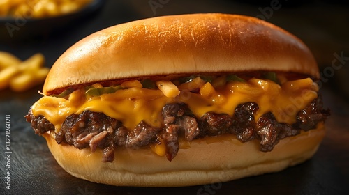 Delicious double cheese steak sandwich with melted cheese and toppings served on fresh bread