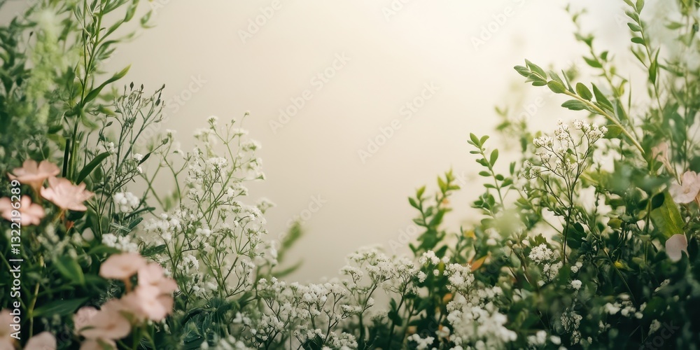 Obraz premium Beautiful flowers and greenery surrounding a bright and soft background