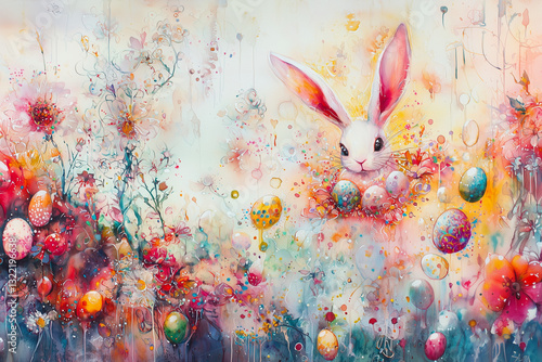 Whimsical Watercolor Easter Bunny with Colorful Eggs and Flowers