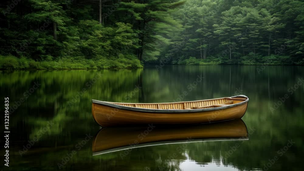 Serene Lake Reflections: Wooden Rowboat at Rest Serene Lake Reflections: Wooden Rowboat at Rest