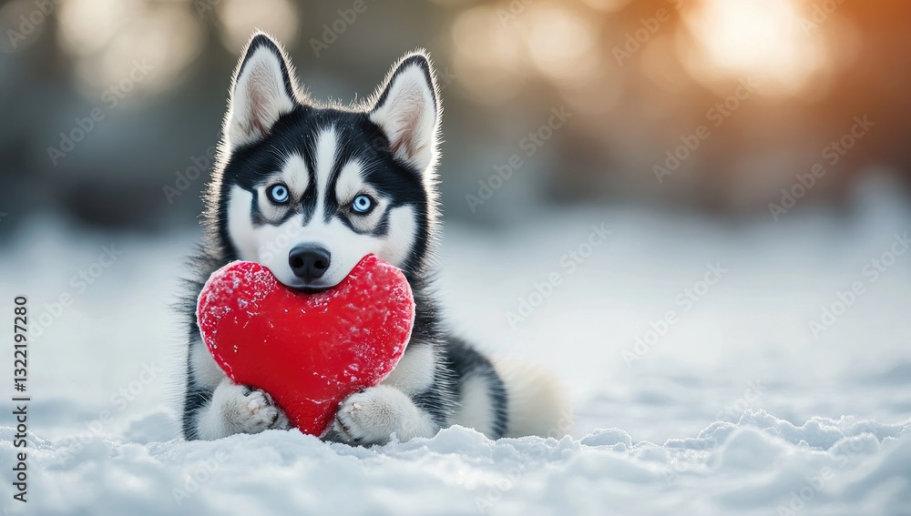 Naklejka premium Adorable Siberian Husky puppy with striking blue eyes gently cradles a red heart-shaped toy in a snowy winter scene. Warm sunlight filters through the background