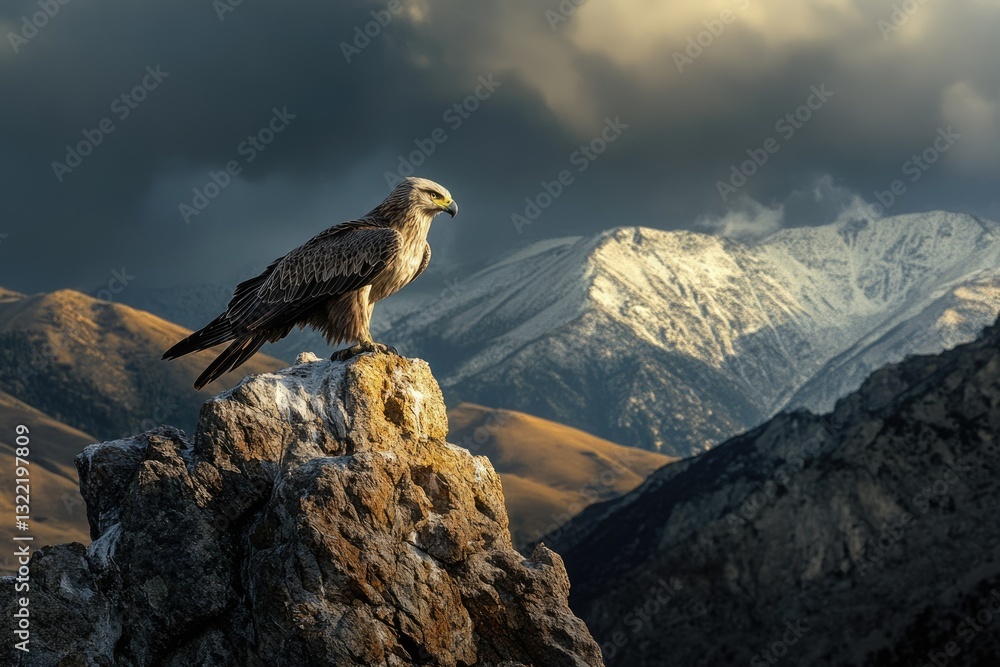 Fototapeta premium A majestic eagle perched atop a rocky outcrop, overlooking a snow-capped mountain range under a dramatic sky.