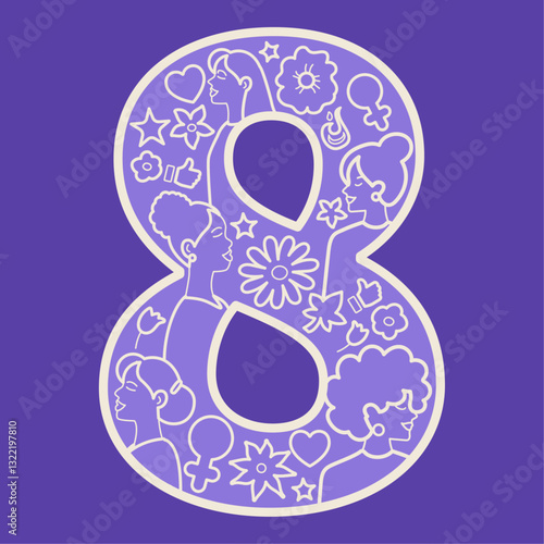 Número 8 con ilustraciones femeninas para el 8 de marzo, Día Internacional de la Mujer.
