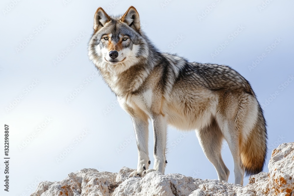 Naklejka premium Majestic Wolf Standing on Rocky Outcrop in Natural Habitat