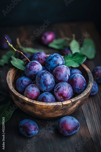 Plums in wooden bowl on dark wood surface, with leaves and stems.