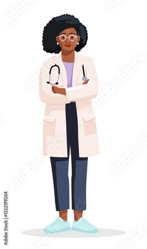 Confident African American Female Doctor in White Coat with Stethoscope - Professional Medical Vector Illustration on Transparent Background