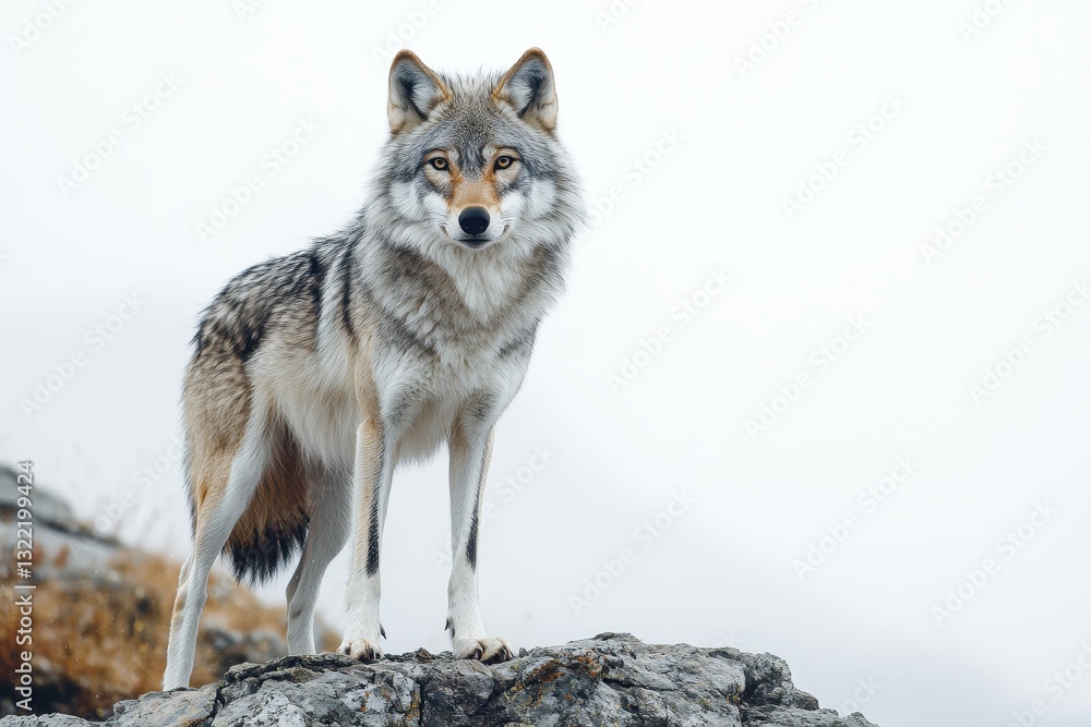 Fototapeta premium Majestic Wolf Standing on Rocky Terrain in Foggy Environment