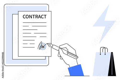 Hand completing a digital signature on contract document using a stylus. Shopping bags and lightning bolt emphasize business, agreements, and e-commerce. Ideal for business, legal, technology