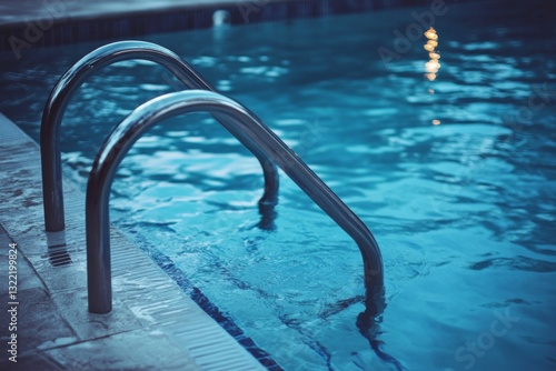Stainless steel pool ladder with rippling water at sunset reflection