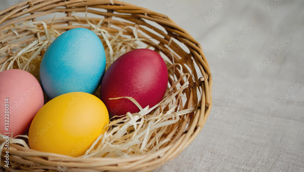 Colored Easter eggs in basket on the table, painted in bright colors (blue, yellow and red), festive horizontal greeting cards and banners Colored Easter eggs in basket on the table, painted in bright colors (blue, yellow and red), festive horizontal greeting cards and banners