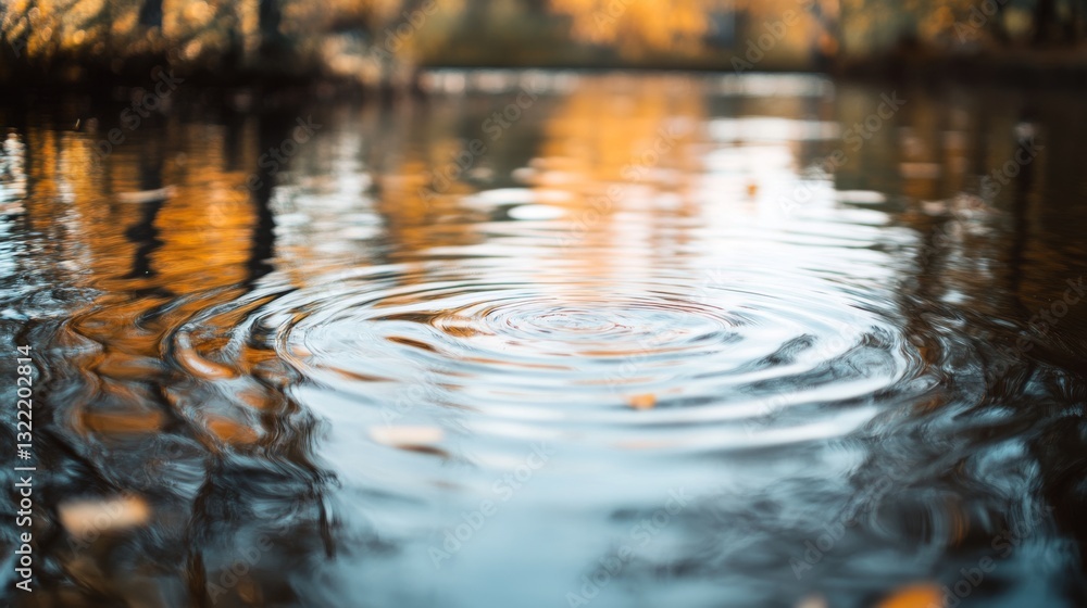 Obraz premium Ripples expand across a pond, capturing the gentle disturbance of a falling leaf in a golden-hued setting.