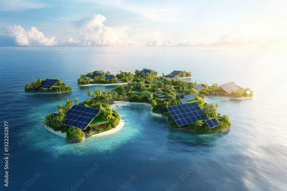 Fototapeta premium Innovative solar-powered islands emerge as a sustainable paradise in clear blue waters under the soft morning light