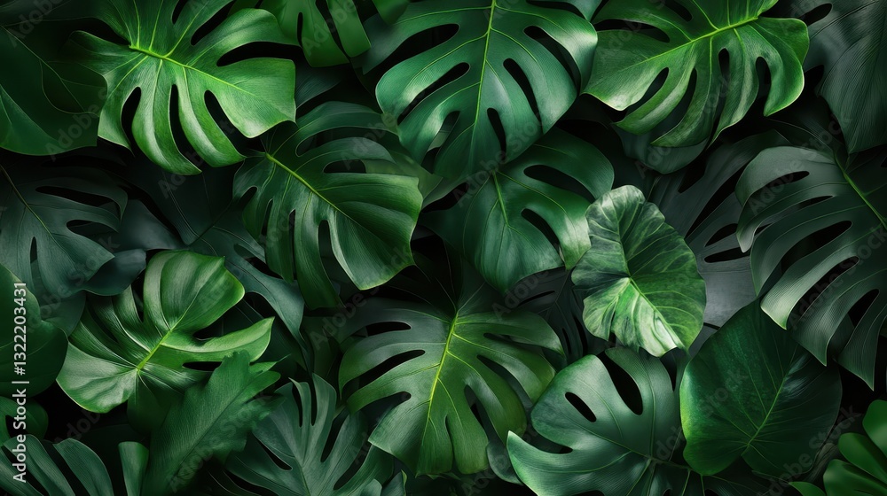 Overlapping and Lush Green Monstera Tropical Plant Leaf Display