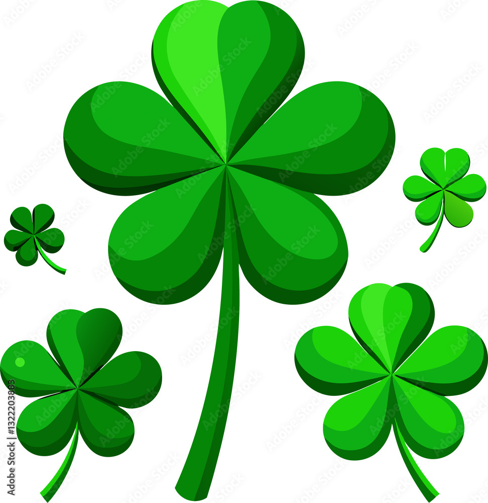 A collection of realistic 3D illustrations of green four-leaf clovers in various.eps A collection of realistic 3D illustrations of green four-leaf clovers in various.eps