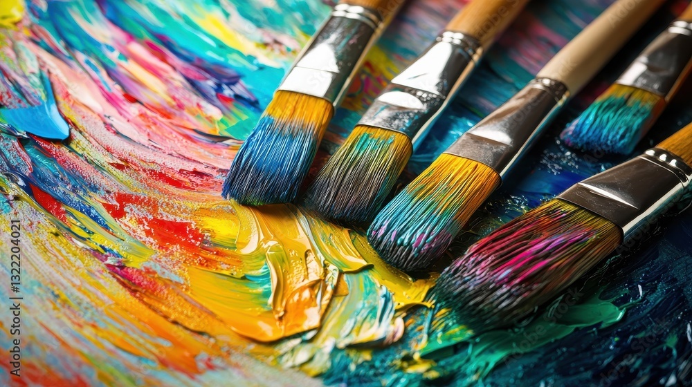 A wide canvas filled with vibrant streaks of paint and several brushes dipped in different colors, ideal for an April Fools' Day arts and crafts event poster. A wide canvas filled with vibrant streaks of paint and several brushes dipped in different colors, ideal for an April Fools' Day arts and crafts event poster.