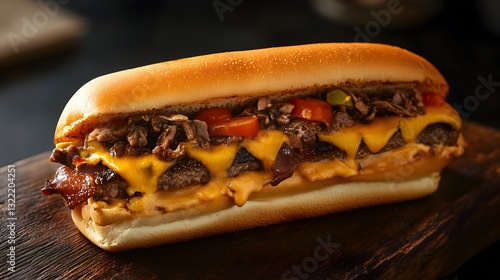 A cheese steak double sandwich piled high with juicy beef, melted cheese, fresh tomatoes, and pickles rests on a wooden board, showcasing a delicious meal ready for lunch or dinner.