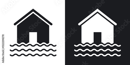 Flooded house icons in solid black and white collection