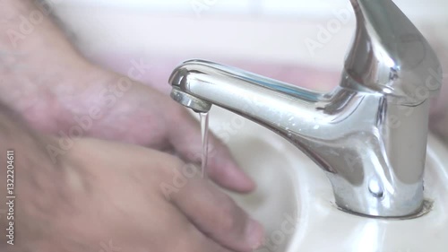 Hairy man washing his hands with green bar soap and a trickle of water coming out of the faucet then towel drying his hands.