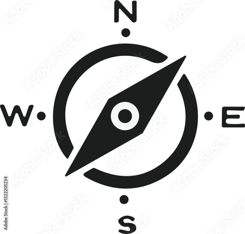 Compass icon. Monochrome navigational compass with cardinal directions of North, East, South, West. Geographical position, cartography and navigation. Vector