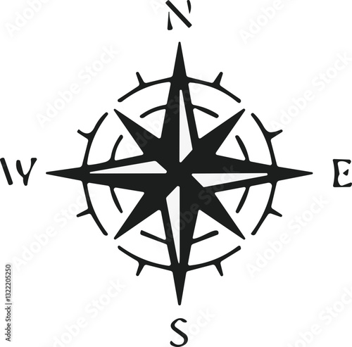 Compass icon. Monochrome navigational compass with cardinal directions of North, East, South, West. Geographical position, cartography and navigation. Vector