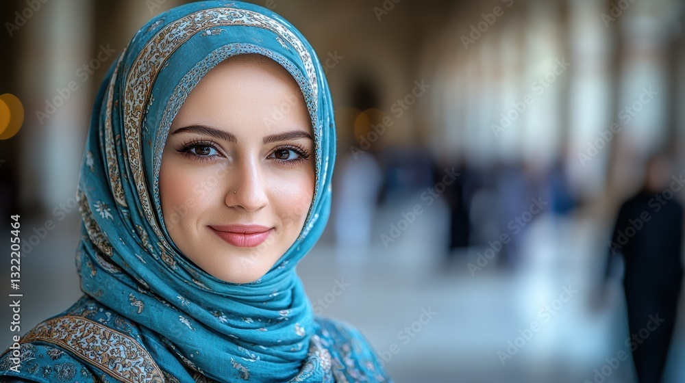 A woman wearing a blue scarf with a smile on her face A woman wearing a blue scarf with a smile on her face