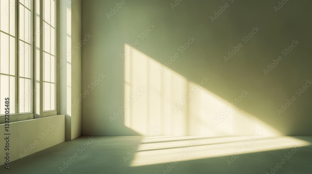 Fototapeta premium Sunlight streams through tall windows, casting sharp, angular shadows on a bare wall, creating a peaceful and introspective indoor setting.
