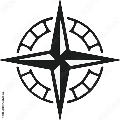 Compass icon. Monochrome navigational compass with cardinal directions of North, East, South, West. Geographical position, cartography and navigation. Vector
