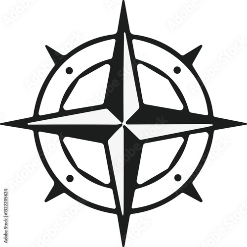 Compass icon. Monochrome navigational compass with cardinal directions of North, East, South, West. Geographical position, cartography and navigation. Vector