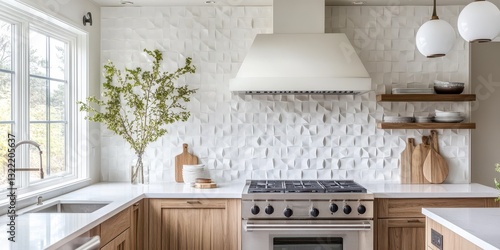 A modern and well designed kitchen with a stove and vent hood
