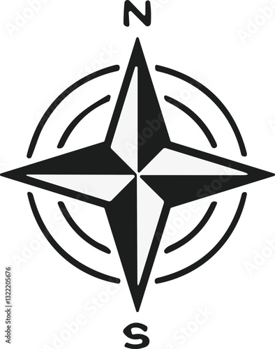 Compass icon. Monochrome navigational compass with cardinal directions of North, East, South, West. Geographical position, cartography and navigation. Vector