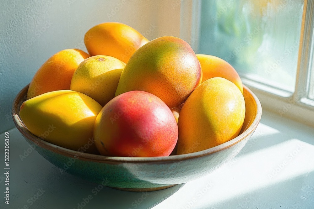 A bowl of ripe mangoes basking in sunlight near a window. A bowl of ripe mangoes basking in sunlight near a window.