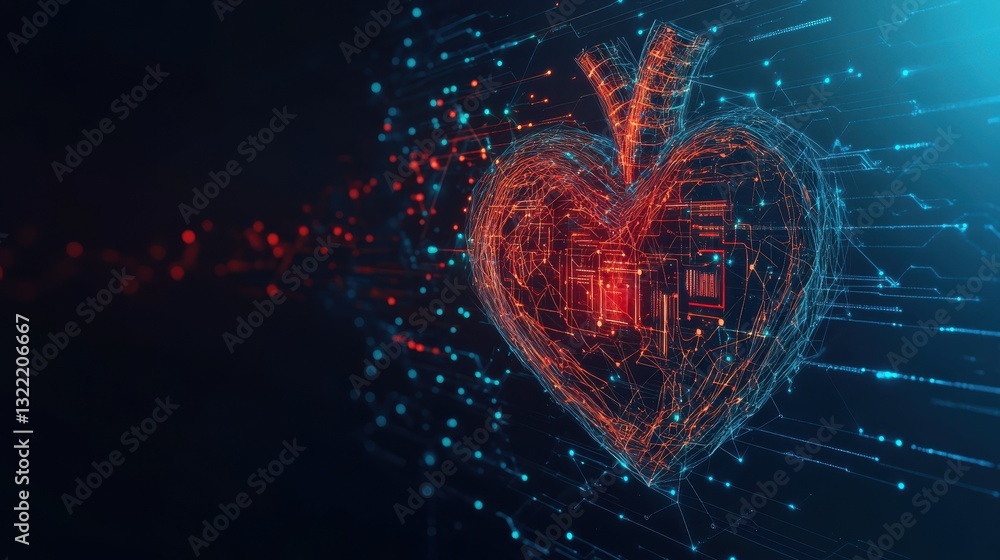 Fototapeta premium Artificial intelligence (AI) is represented by a heart shape combined with a circuit board, set against a futuristic digital background.low poly digital wireframe.