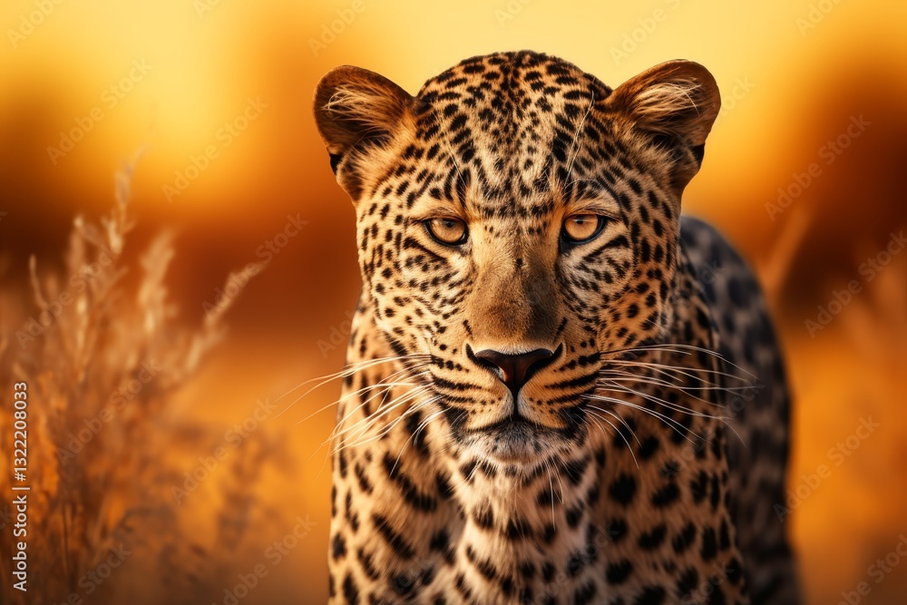 Fototapeta premium Alert Leopard Portrait Intensity in the Gaze of a Powerful African Predator Bathed in Golden Light