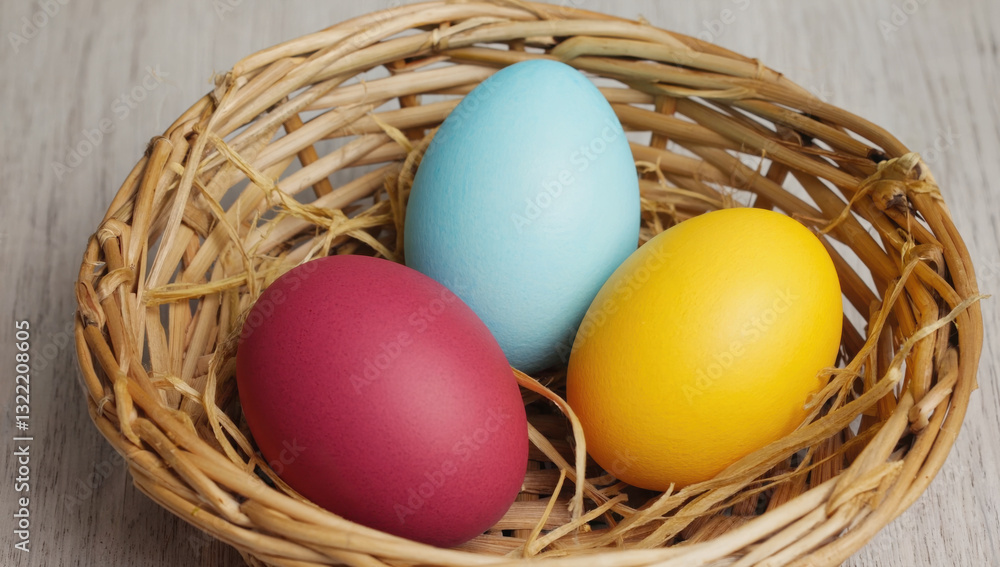 Colored Easter eggs in basket on the table, painted in bright colors (blue, yellow and red), festive horizontal greeting cards and banners Colored Easter eggs in basket on the table, painted in bright colors (blue, yellow and red), festive horizontal greeting cards and banners