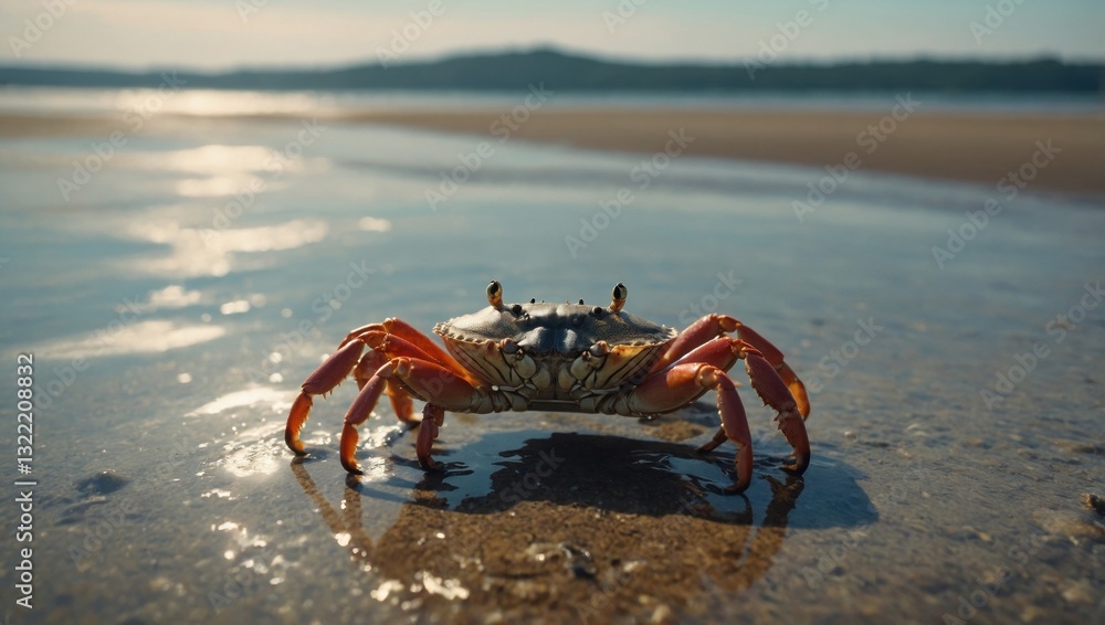 Realistic crab exploring a rocky shore with distant waves and a bright sunny sky in the background Realistic crab exploring a rocky shore with distant waves and a bright sunny sky in the background