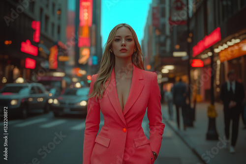 Wallpaper Mural A confident woman in a stylish pink suit walks through the vibrant city streets at night, illuminated by neon lights. Her poised expression and elegant outfit create a striking blend of power and soph Torontodigital.ca
